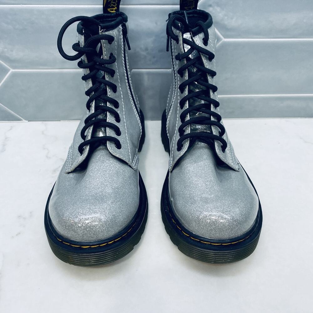 Dr Martens Boots Girls Size 3 Glitter J Youth Silver Lace Up Combat Shoes 1460 - Picture 4 of 7